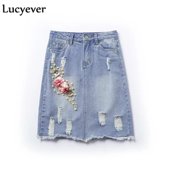 

Lucyever High Waist Ripped Denim Women Skirt Summer Korean Appliques Jeans Skirt Elegant Embroidery Harajuku Cotton Street Wear