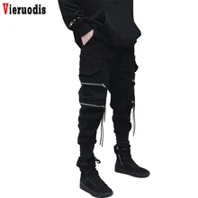 Мужская Уличная одежда в стиле хип-хоп, мужские хлопковые повседневные обтягивающие спортивные штаны в уличном стиле длиной до щиколотки, черные штаны-шаровары на молнии с лентой