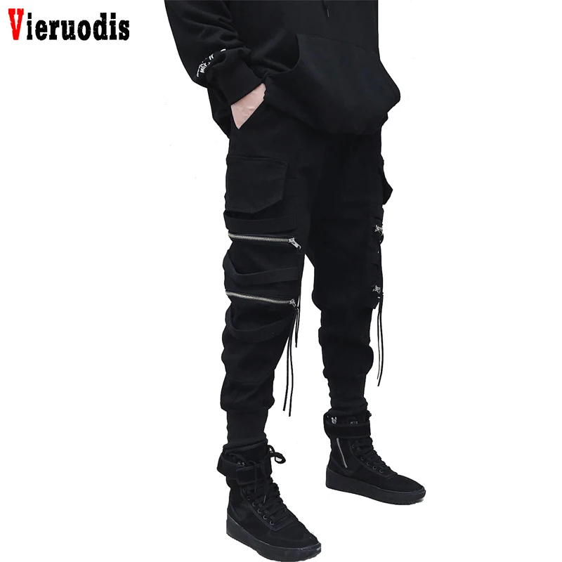 

Men Hip Hop Streetwear Joggers 2019 Men Cotton Casual Slim Street Style Ankle Length Sweatpants Black Zipper Ribbon Harem Pants
