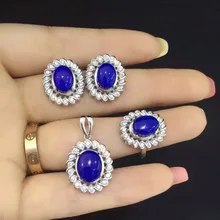 Натуральный Лазурит Gem Jewelry комплекты природных драгоценных камней кольцо кулон Серьги 925 серебро Личность Элегантные Роскошные цветы поворот