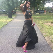 Arabisch Schwarz Zweiteiler Prom Kleider 2016 Vestidos De Baile Halter Perlen Sexy Abendkleider Lange Open Back Formale Partei kleider