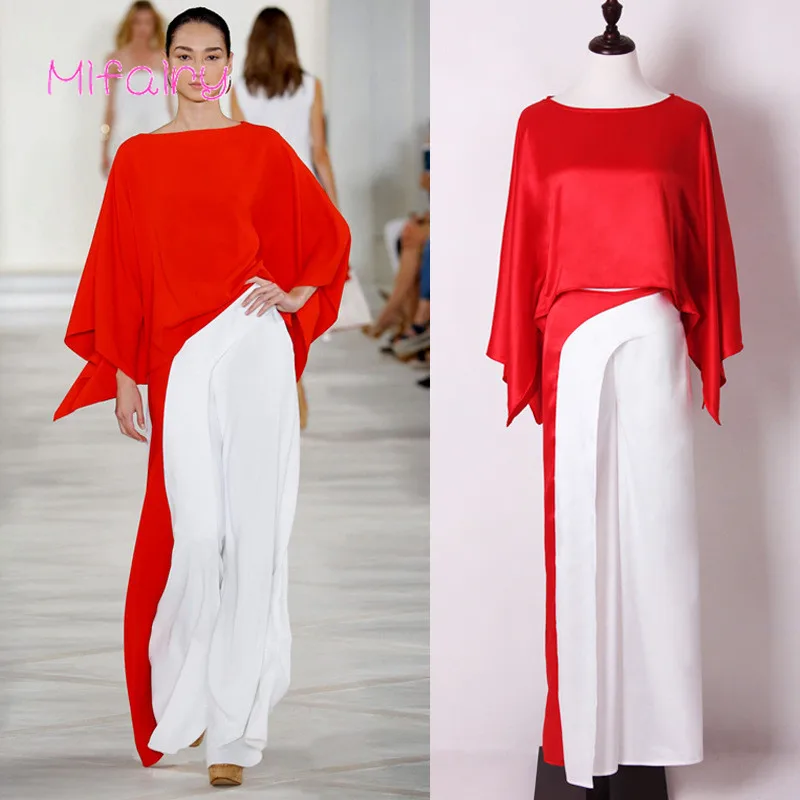 

Mifairy 2017 Red White Patchwork Batwing Sleeves Silk Women's Tops And Loose Pants Milan Runway Women's 2 Pieces Sets 70209