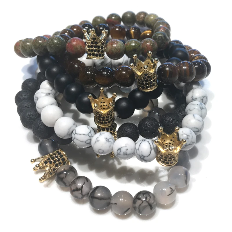 

Charm Natural stone bracelets High quality Golden&Black Crown Dumbbells Men's bracelets Hematite Beads Bracelet For Women Men