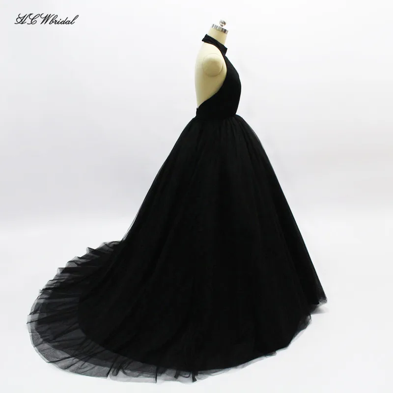 Black Tulle Princess Evening Dress Halter Backless Floor Length Sexy Prom Party Gowns High Quality Arabic Women Dresses