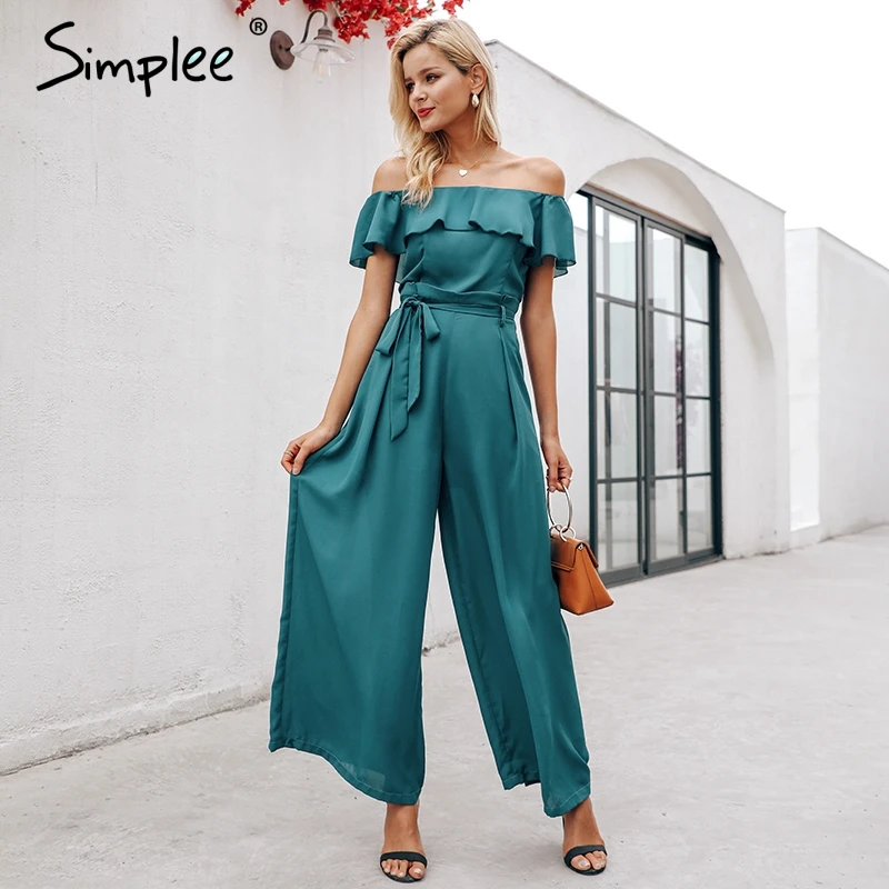 Simplee Elegant off shoulder women long jumpsuit Summer ruffles sashes