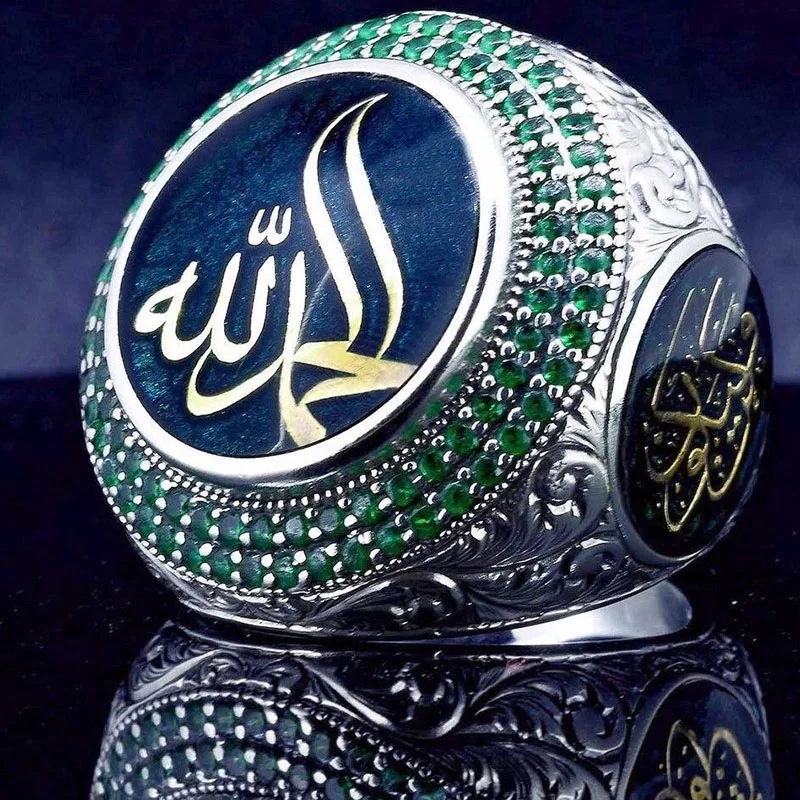 Ислам, кольца, высокое качество, крутой, в стиле панк, круглый камень, стразы, кольцо для мужчин, серебряный цвет, резные кольца, подарки для мужчин и женщин, ювелирные изделия