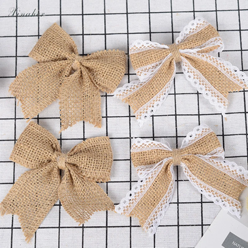 

10pcs / Lot Hat Accessories Craft Rustic Wedding Decoration Supplier Craft Decor Natural Jute Burlap Hessian Bowknot Bows