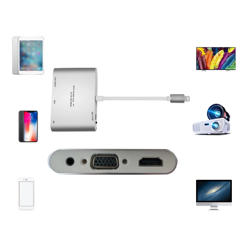  For Lightning to HDMI VGA Jack Audio TV Adapter Converter compatible for iPhone Xfor iPhone 8 7 7 P