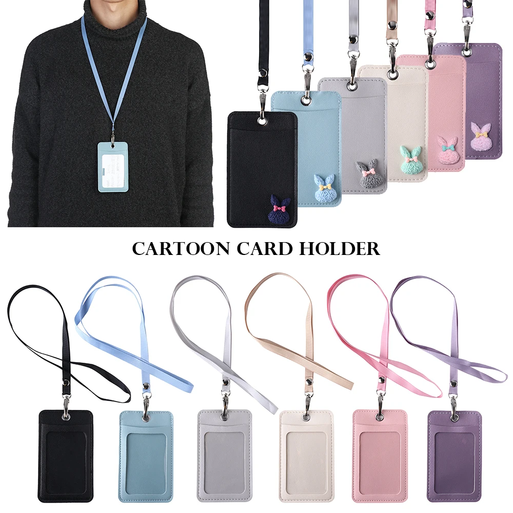 

Korean Style Candy Color Cute Cartoon Rabbit Card Holder Girls Students Leather Bus Card Case Lanyard Door Work Identity Badge