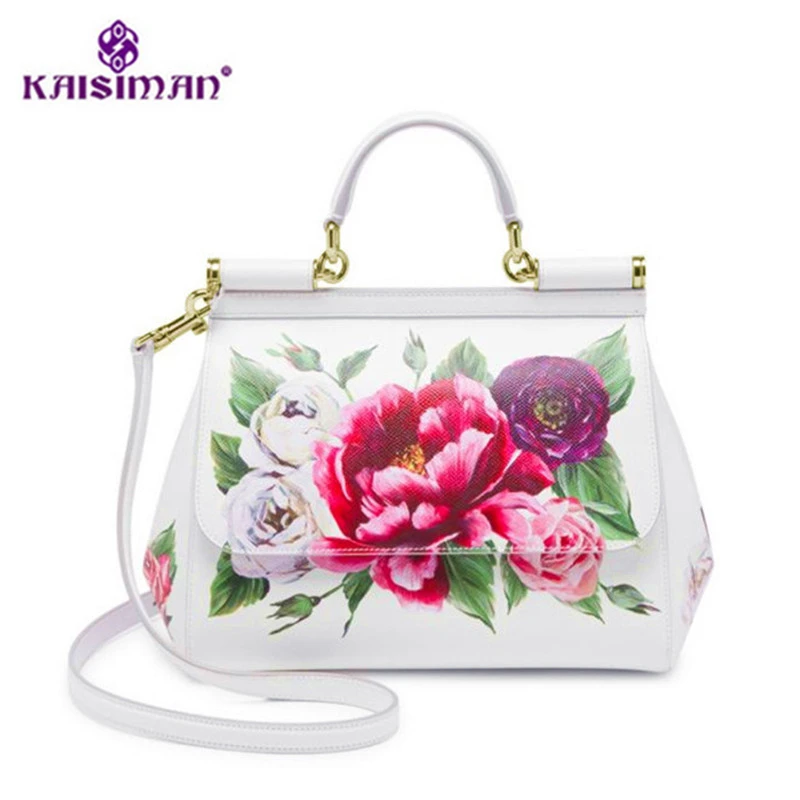 

Famous Brand Premium Luxury Lady Bag Flowers Print Platinum Tote Female White Handbags Genuine Cow Leather Handbag/Shoulder Bags