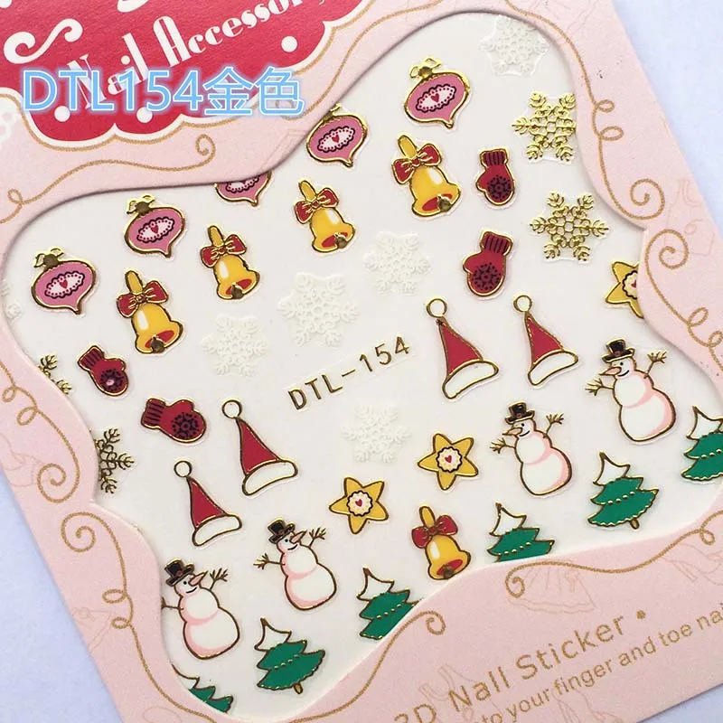 5 листов Золотой Рождественский снег наклейки для ногтей подарок на год DIY детские наклейки Зима Санта Клаус колокольчик Рождественский дизайн 3d украшения для ногтей - Цвет: Gold-154
