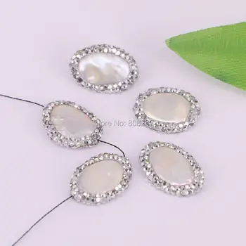 

10Pcs white freshwater pearl pave rhinestone charm connector Spacer Bead jewelry finding