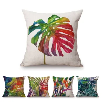 

Nordic Watercolor Tropical Jungle Palm Leaf Banana Tree Leaves Home Decorative Linen Pillow Cover Office Chair Cushion Cover
