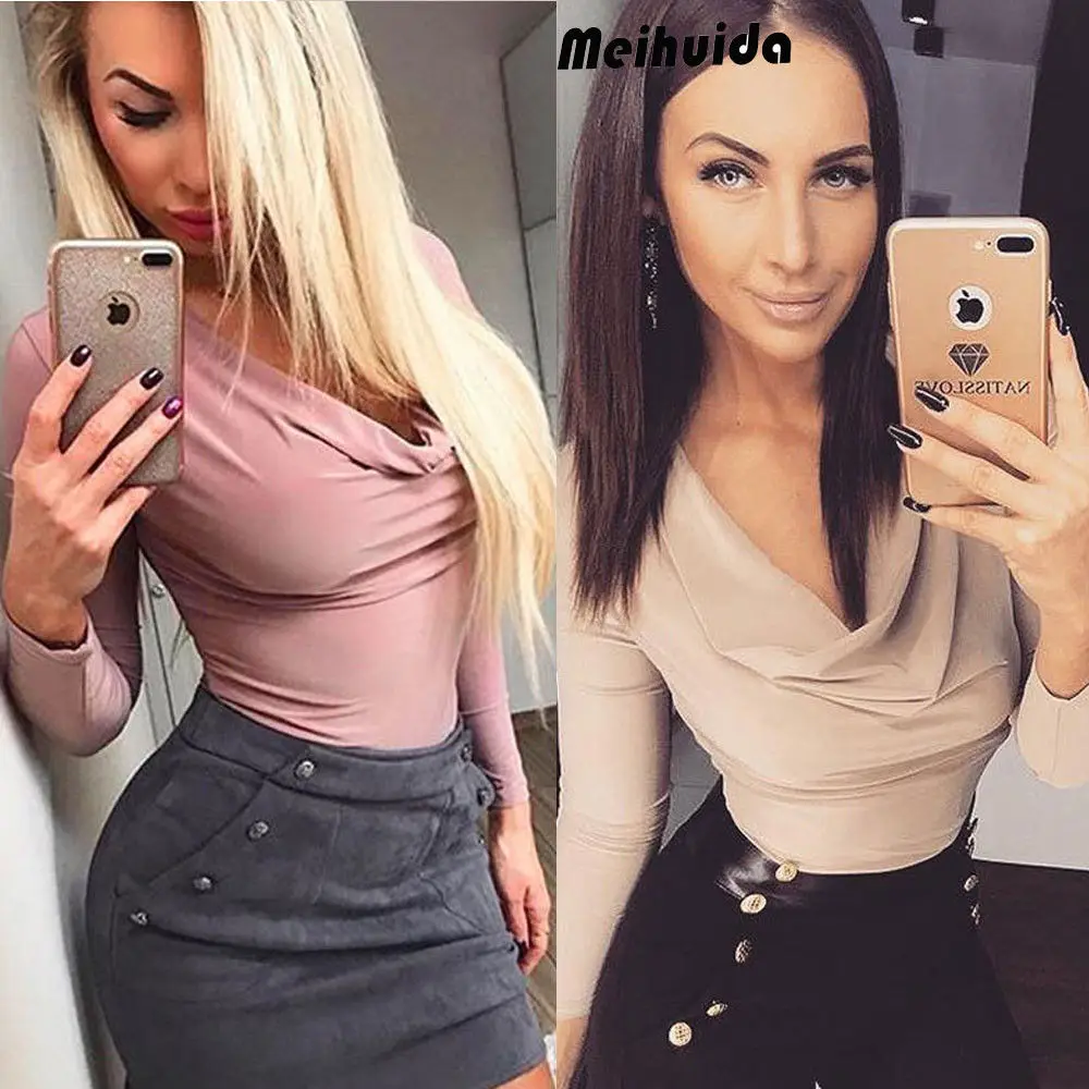 

Autumn Women Bodycon Bodysuit V-Neck Long Sleeve Playsuits Solid Sexy Jumpsuit Short Romper Leotard New Fashion Streetwear