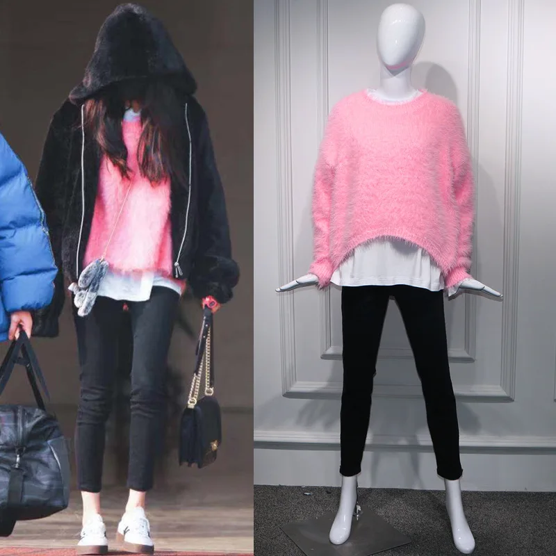 

Star Yang Fang Airport Pink Mohair Short Front and Back Long Loose Round Neck Sweater Women 2019 Pullovers Wool Women Sweater