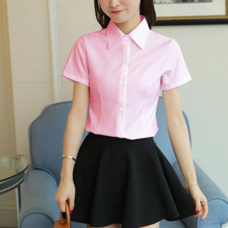 2019 Women Summer Plus Size Solid White Office Wear Loose Shirts Female Slim Fit Lapel Blouses Casual Short-sleeved Tops Shirts