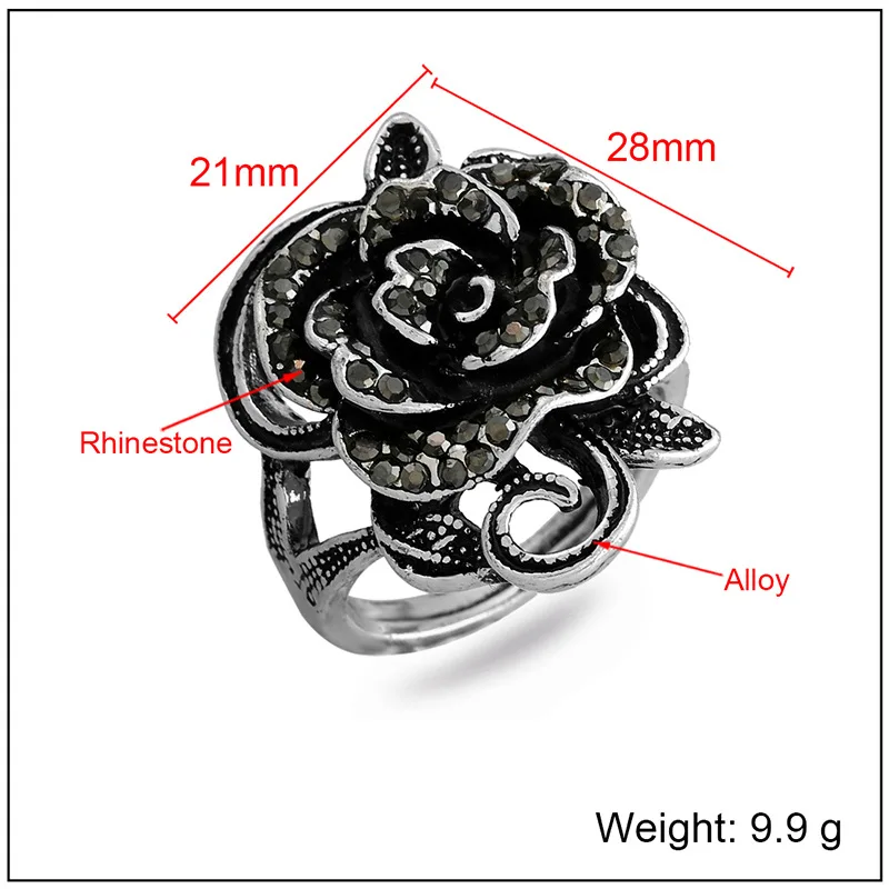 Hot Sale Fashion Jewelry Rings VINTAGE Crystal Black Rose Flower Rings Index Finger Rings For Woman Men