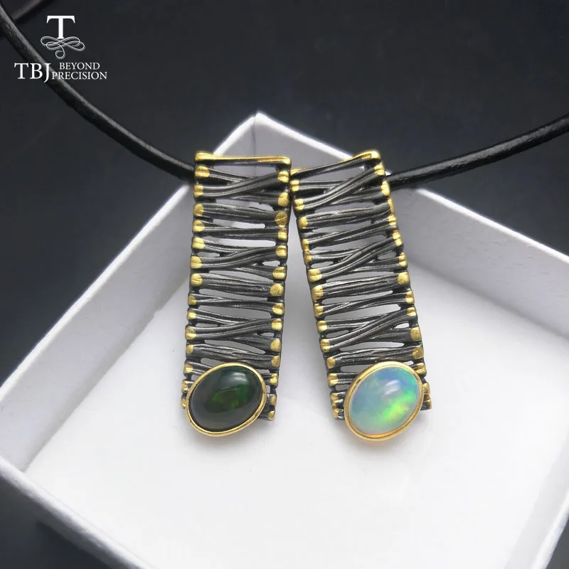 

TBJ,2017 new design Natural Ethiopian Opal oval7*9mm pendant in 925 sterling silver leather chord fine jewelry as best gift