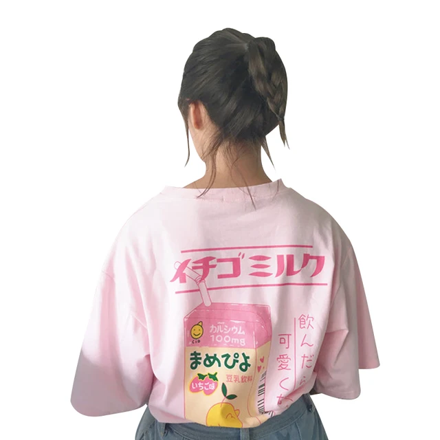 US $7.55 Lovely Cartoon Milk Box Loose T-shirt Women's T-shirts Japan Harajuku Ladies Vintage Female Korean 