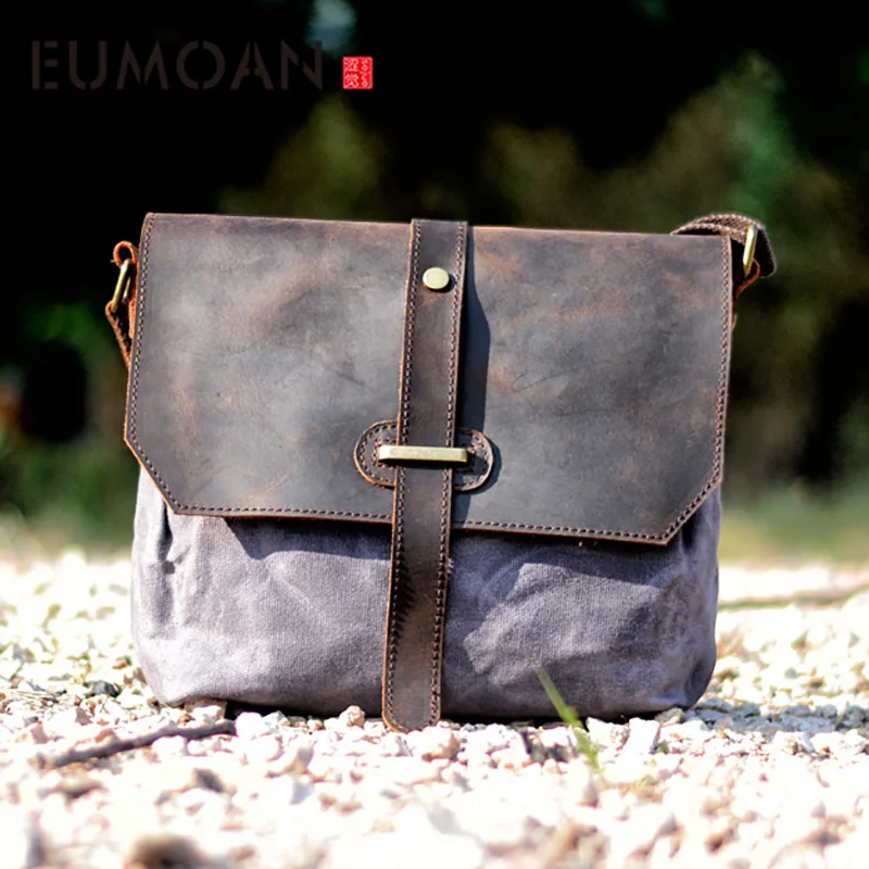 

EUMOAN Retro hand cloth bag, canvas with head layer cowhide retro simple single shoulder bag leather man oblique cross small bag