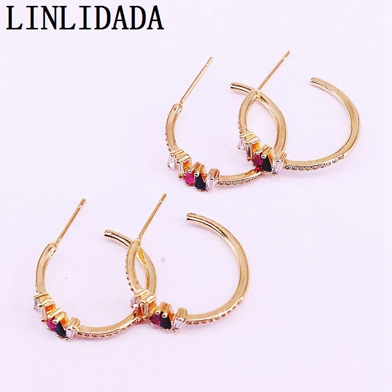

8Pairs 23mm, Rainbow cz micro pave Zircon delicate Circle Stud Earrings women Jewelry Gold Color