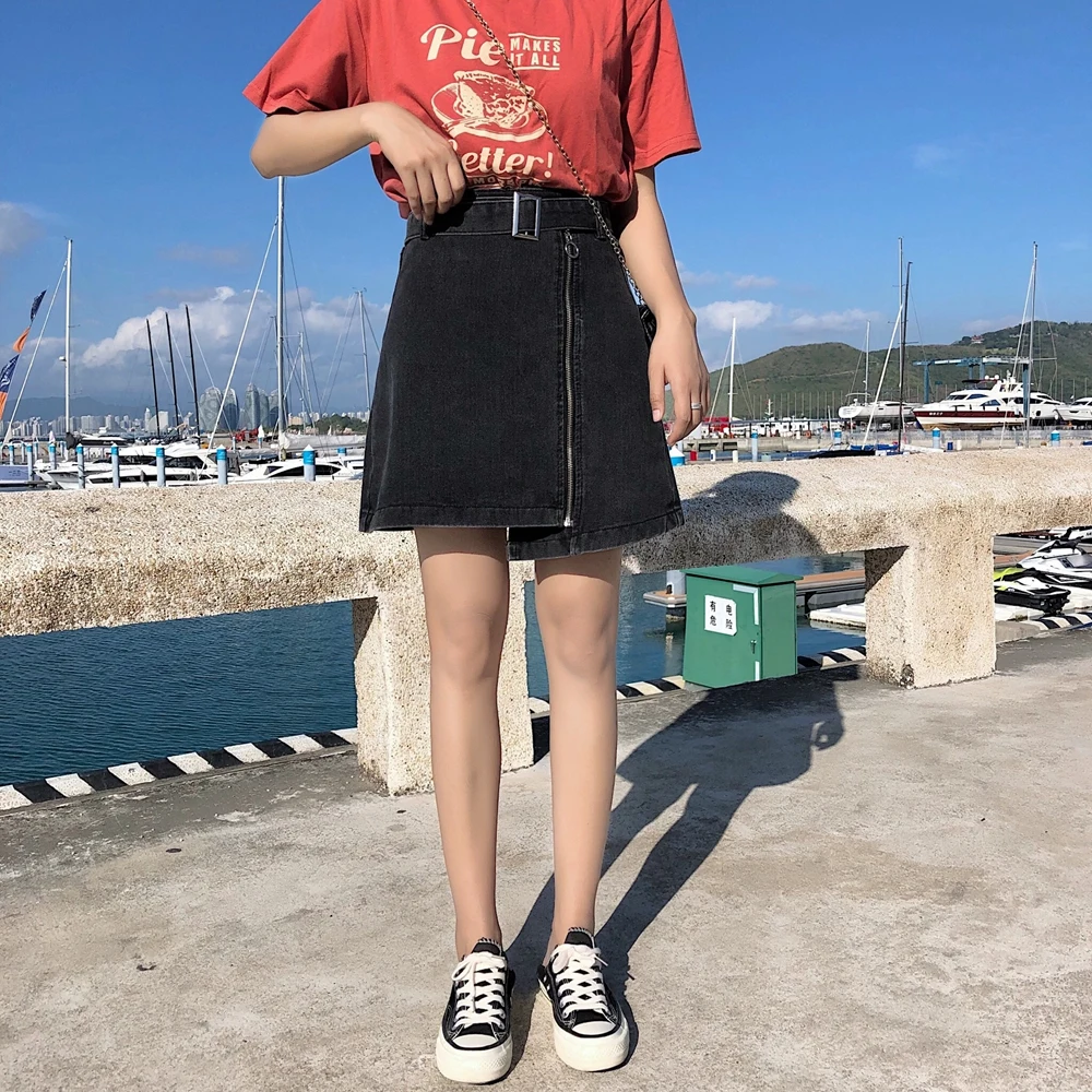 Хан издание джокер Шик Высокая юбка с карманами Жан юбки короткая юбка порт вкус женская подвеска XIA трапециевидной формы Асимметричный
