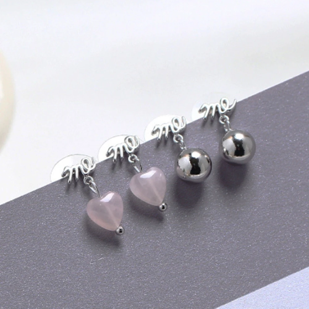 

925 Silver Love Heart Natural Stone Pink Quartz Rose Crystal Gemstone 8m Ball Beads Initial ME Charm Drop Earrings With Post