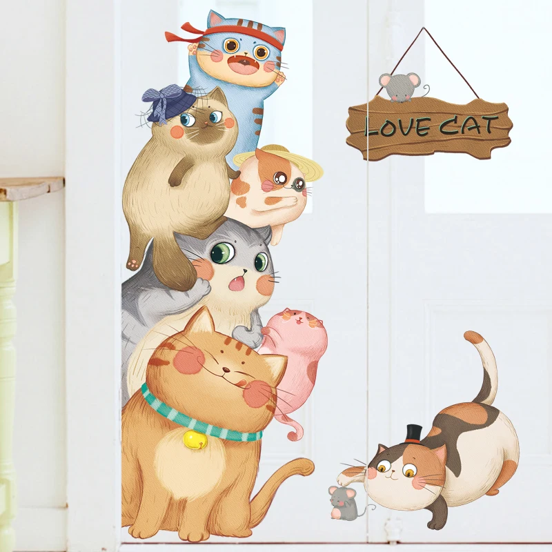 Милые кошки ловля мышь Наклейка на стену винил DIY животные двери Стикеры s для детской комнаты детский сад гостиная художественное украшение