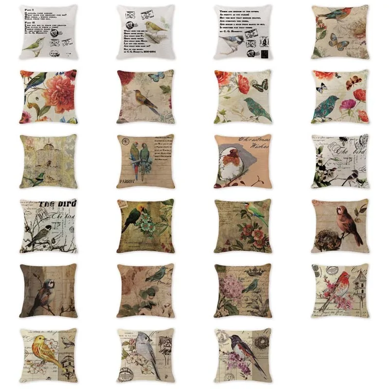 

Romantic Cushion Cover European Bird Animal Rustic Pillow Cover Game 45*45Cm Cotton Linen Decoration For Home Throw Pillow Cover