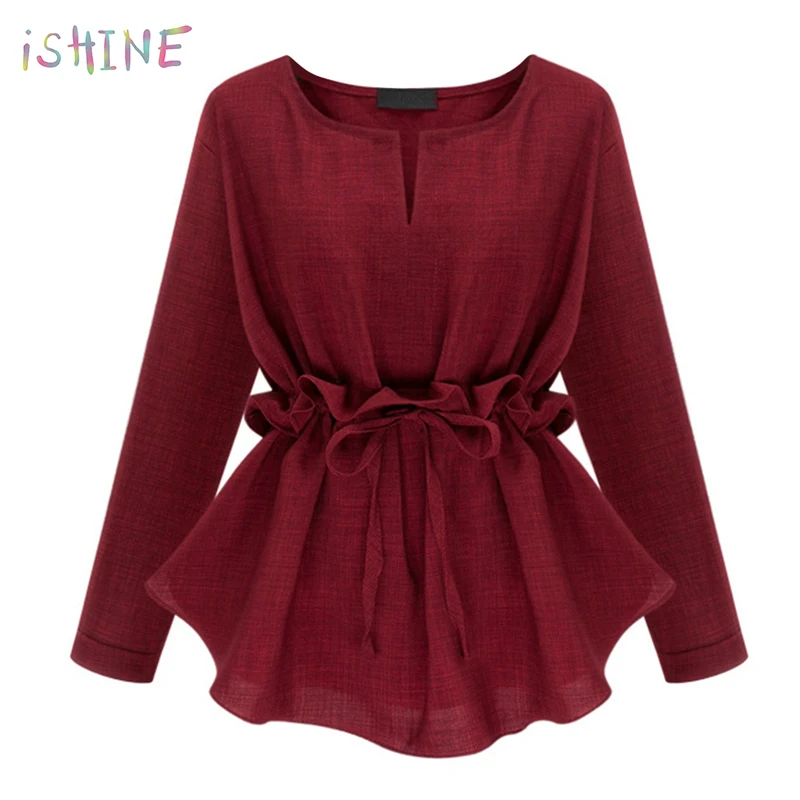

2018 Women Linen Blouses Long Sleeve Tunic Casual Slim Waist Ruffle Women Shrits O-Neck Peplum Tops Blusas Black Wine Red