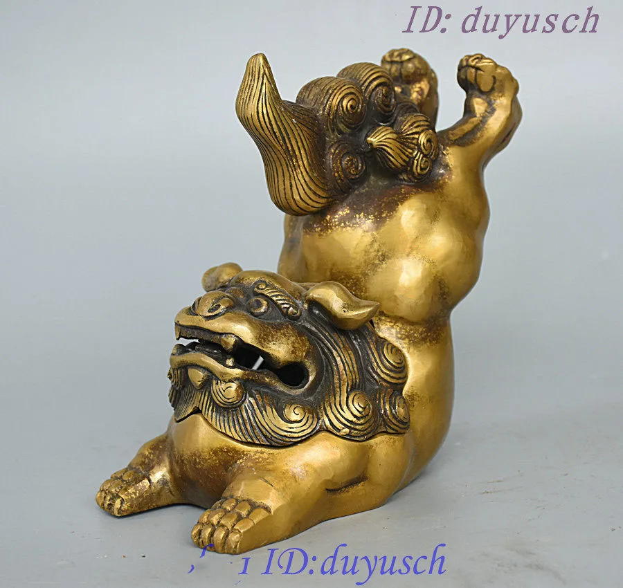 

Christmas China Folk Collect Copper Bronze Evil Foo Dog Lion Statue Incense Burner Censer Halloween