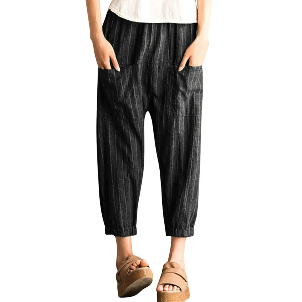

Women Cotton Linen pant Casual Plus Size Solid cause pant Retro Striped High Waist Casual Loose Elastic Trousers Harem Pants#G20