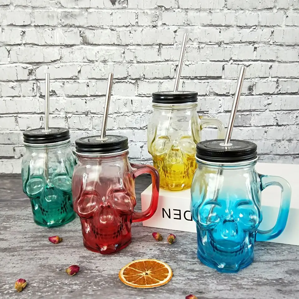 

Free Shipping 500ml Colored Skulls with the Glass Beer Mug Large Beer on Draft a Mason Jar Novelty Heavy Base Glass Skull Face