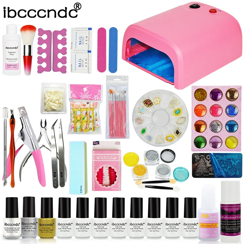 Ibcccndc Nail Art Set 36W UV Lamp 8 Color 7ml Nail Gel Base Top Coat Polish
