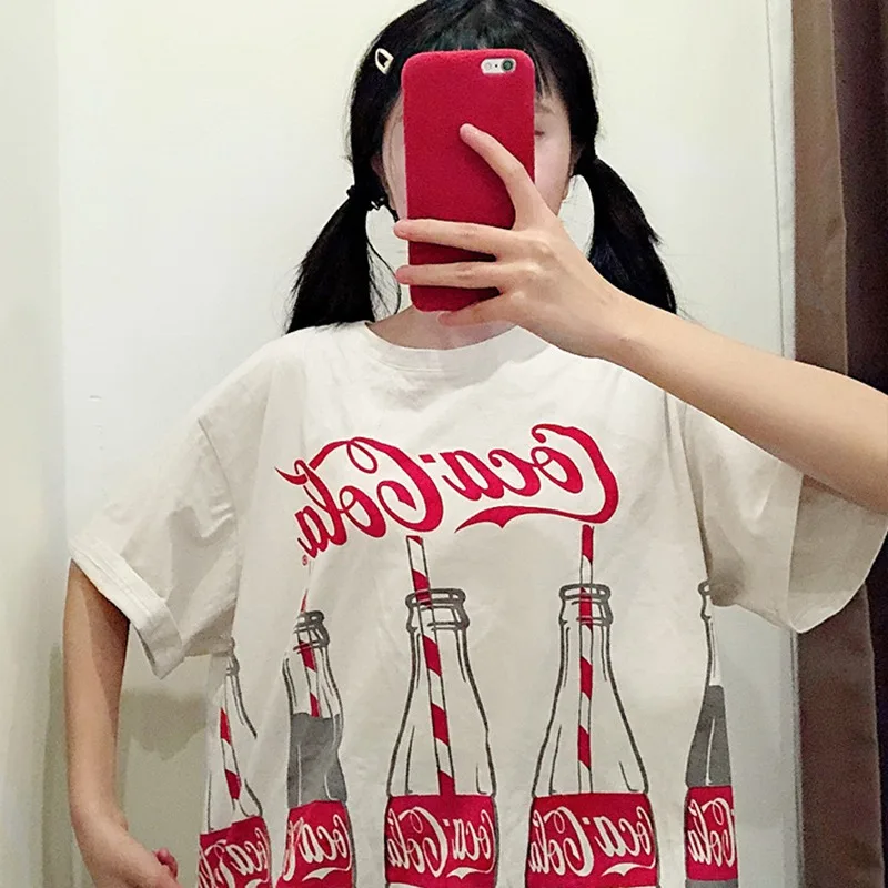 

Women's Round casual summer tee shirt fashion tshirt hot sales 2019 girls cool Neck Cartoon Coke Print Short Sleeve Long T-Shirt