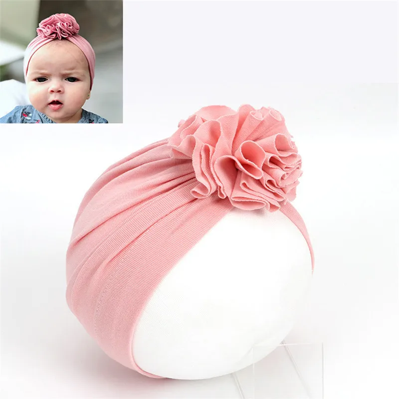 New Fashion Flower Baby Hat Newborn Elastic Baby Turban Hats for Girls 10 Colors Cotton Infant Beanie Cap 1 PC - Цвет: Розовый