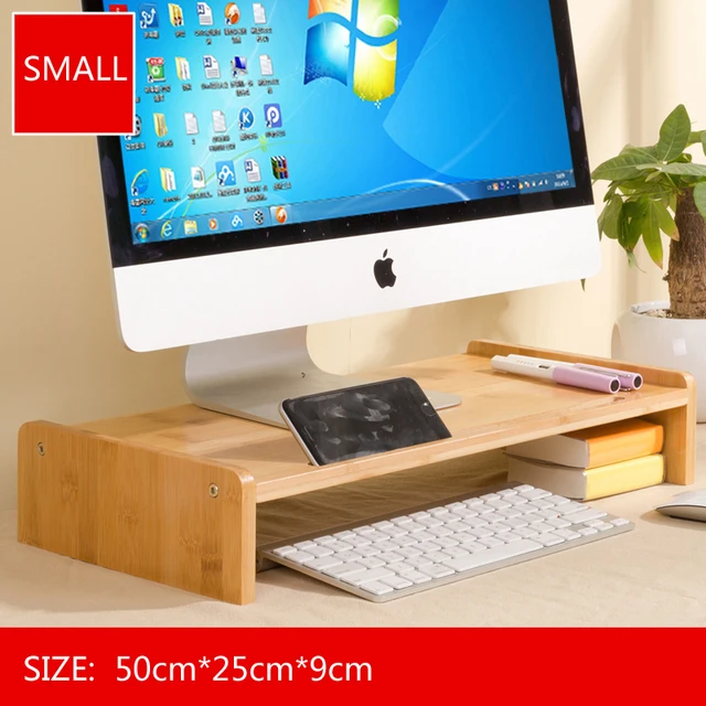 Bamboo Wood Monitor Stand Computer Riser With Storage Organizer