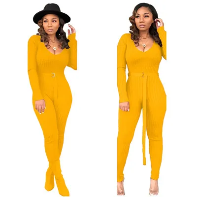 yellow jumpsuit Однотонный трикотажный обтягивающий комбинезон в рубчик с поясом, Женский клубный комбинезон с v-образным вырезом и длинным рукавом, сексуальный костюм, бандажный комбинезон - Цвет: yellow jumpsuit