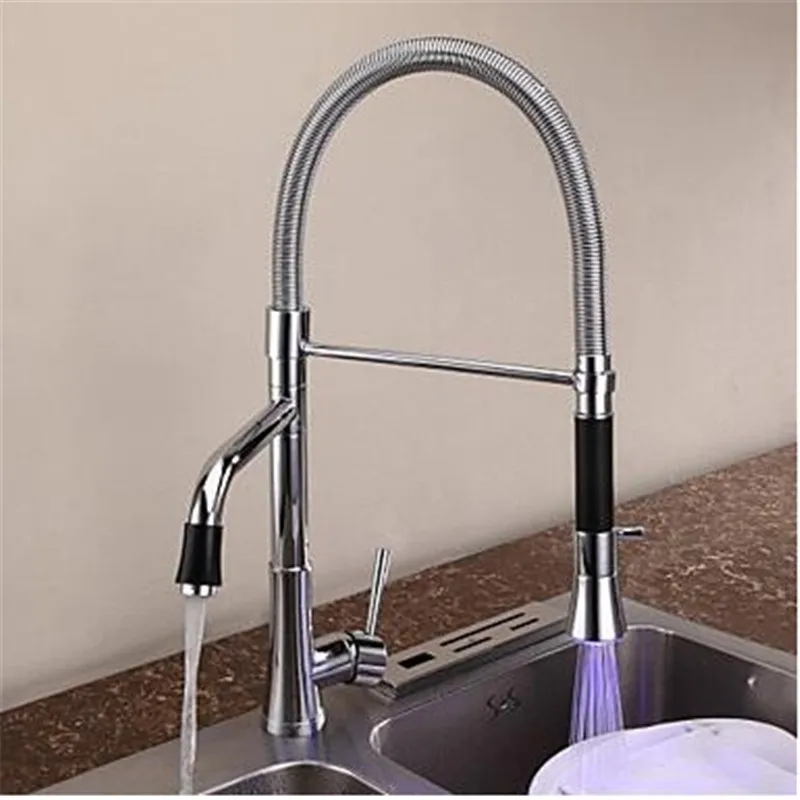 Contemporary NEW Chrome LED Color Kitchen Faucet Pull out Brass Mixer Tap Dual Handle Dual Hole