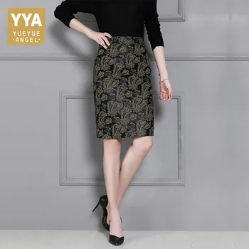 

New Designer Office Lady Mid Long Skirts Genuine Leather Flower Printing High Waist Sexy Straight Leather Skirt Fashion Clothes