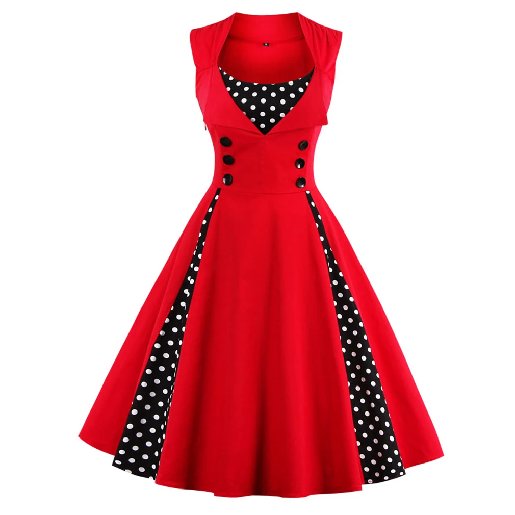 Women 5XL New 50s 60s Retro Vintage Dress Polka Dot Patchwork  Sleeveless Spring Summer Red Dress Rockabilly Swing Party Dress