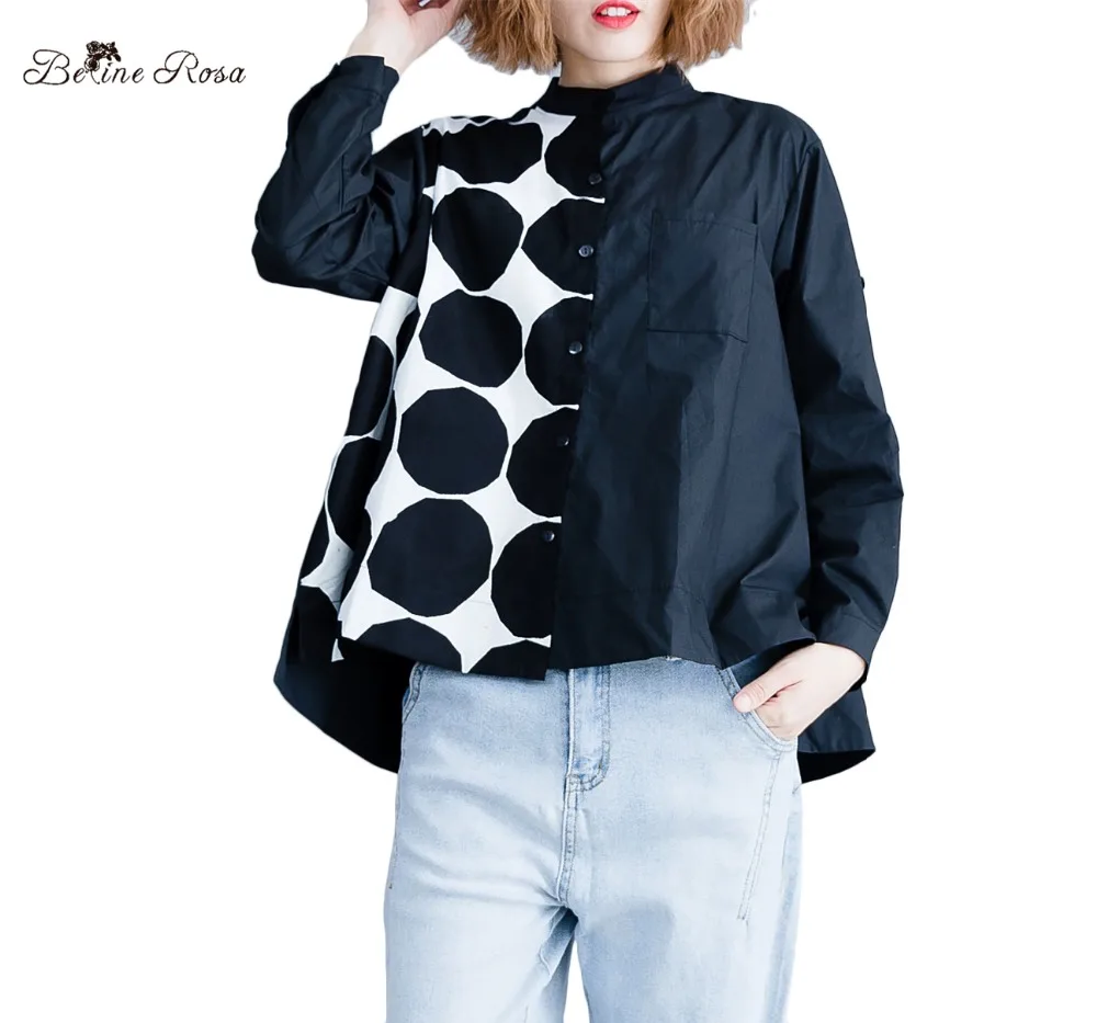 

BelineRosa Large Size Women Clothing Polka Dot Long Sleeve Autumn Style Stand Collar Casual Tops Blouses Female DMNZ0028