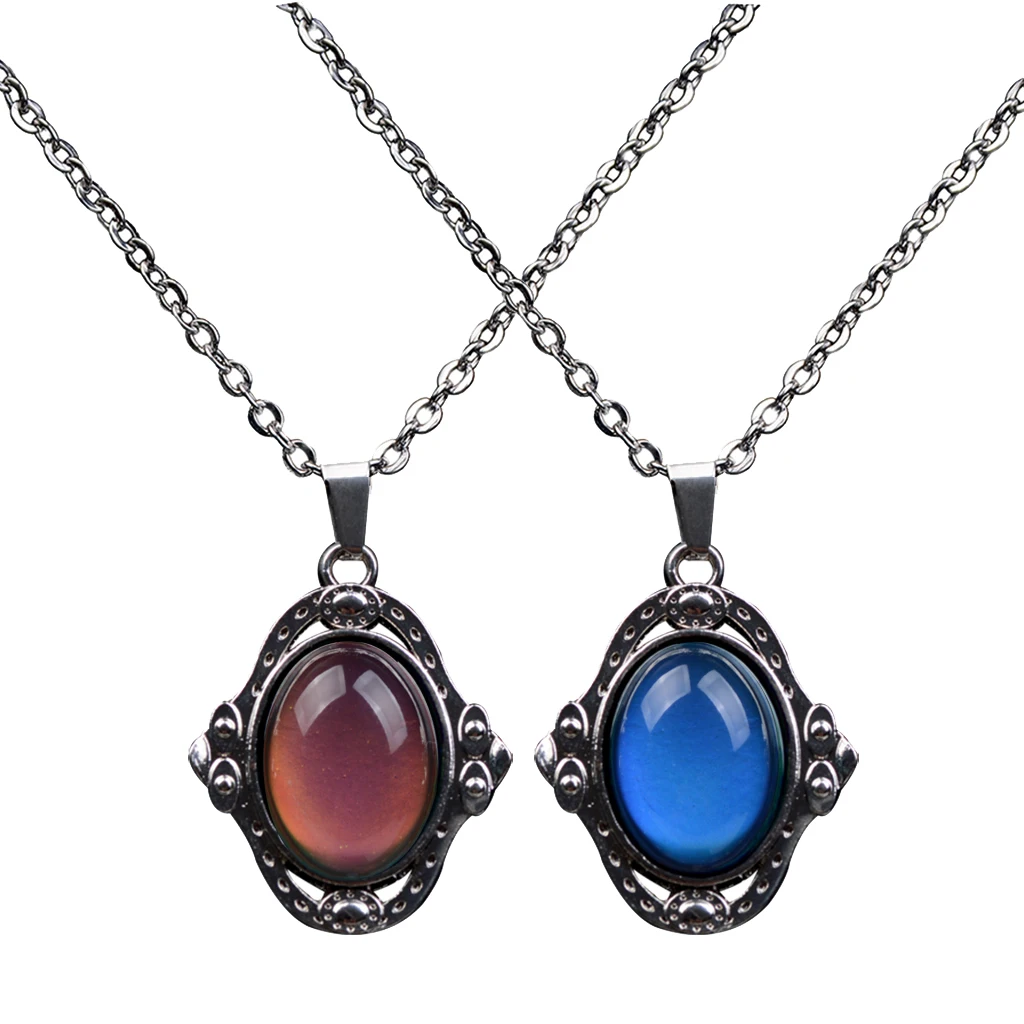 MagiDeal 2pcs Vintage Oval Stone Color Change Pendant Emotion Mood Necklace Woman Ladies Jewelry Gift