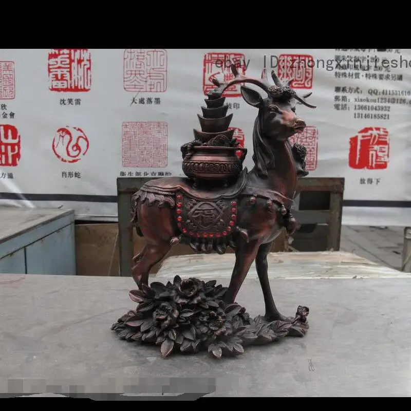 

880070233<<<11" China Bronze Copper Fengshui Wealth Treasure bowl Cornucopia Deer Statue