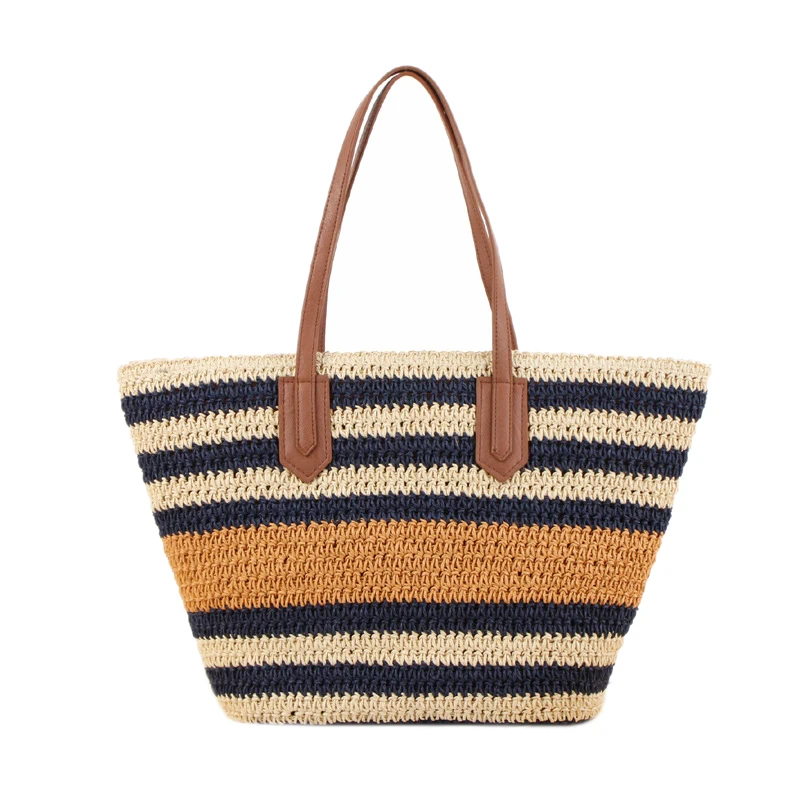 

LJL-Striped Women Summer Straw Bags Casual Woven Beach Bags for Lady Bohemian Style Tote Bags Large Female Shoulder Bags