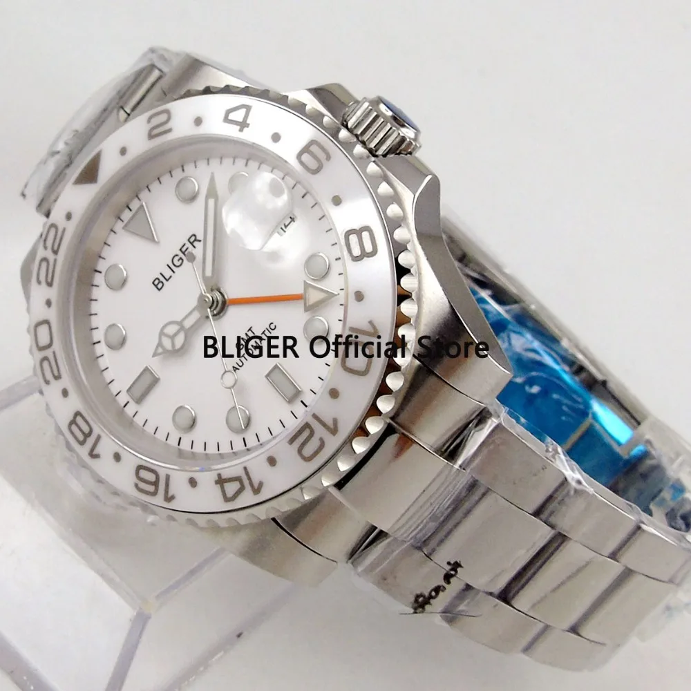 

BLIGER 40mm White Dial Ceramic Rotating Bezel Luminous Marks GMT Function Sapphire Luxury Automatic Movement Men's Watch B139