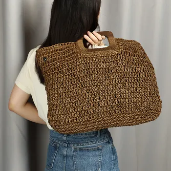 

Straw Handmade Woven Tote Summer Handbags Female Casual Rattan Bags Punk Style Large Capacity Beach Beige Ladies Hand Bag 2019