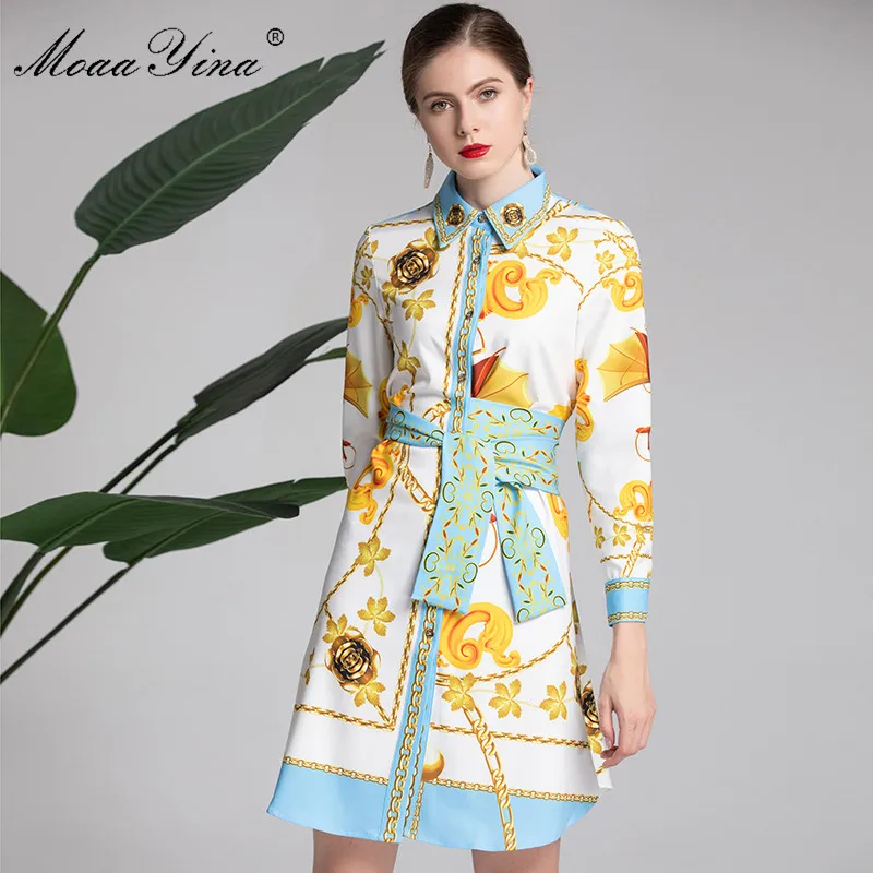 

MoaaYina Fashion Designer Runway Dress Spring Women's Long sleeve Belt Vintage Floral-Print Dress Female clothes vestidos