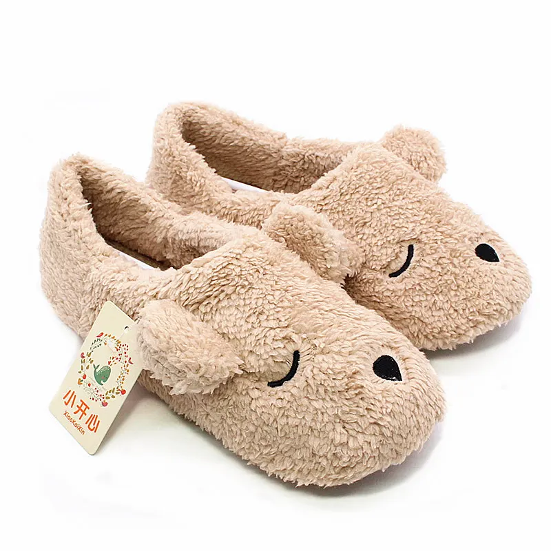 XiaoKaiXin Winter Home Cartoon Squinting Dog Soft Plush Slippers Women Indoor Floor Warm Bedroom big Size Slipper Shoes Girls - Цвет: Khaki