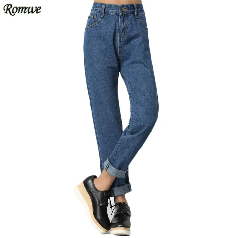 

ROMWE Spring European Style High Waist Denim Blue Long Pants Female Casual Button Fly Loose Dual Pockets Jeans